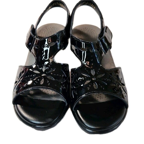 SAS Shoes - SAS Sunburst Black Patent Leather Sandals Sz 7 Comfort Tripad Heel Strap Floral